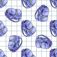 Hand drawn vintage seamless pattern of school backpacks and supplies on grid notebook background, illustration vector