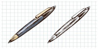 Hand drawn vintage sketch of ballpoint pen with gold clip in color and monochrome on grid notebook background vector