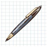 Hand drawn vintage sketch of ballpoint pen with gold clip on squared notebook background in pastel blue color vector