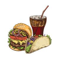 Hand drawn vintage sketch of fast food combo with cheeseburger, taco and soda drink, colorful illustration vector