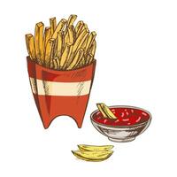 Hand drawn vintage sketch of crispy french fries with ketchup in red paper box, colored vector