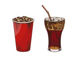 Hand drawn vintage sketch of iced fizzy drinks in paper and glass cups with ice, color illustration vector