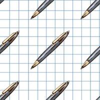 Hand drawn vintage seamless pattern of ballpoint pens in blue color on grid notebook background, illustration vector