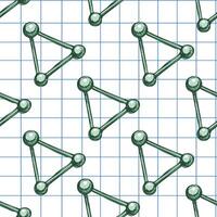 Hand-drawn vintage seamless pattern of molecule structure on grid notebook background in green pastel sketch style vector