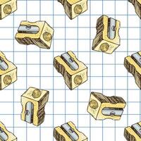 Hand drawn vintage seamless pattern of wooden pencil sharpeners on grid notebook background in pastel colors vector