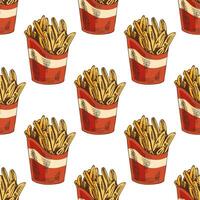 Hand drawn vintage seamless pattern of french fries in red paper box, fast food background vector