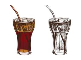 Hand drawn vintage sketch of cold soda drink in glass with straw, in color and monochrome version vector