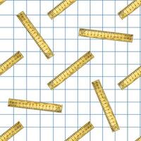 Hand drawn vintage seamless pattern of yellow school rulers on grid notebook background, stationery illustration vector
