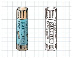 Hand drawn vintage sketch of glue stick in blue and monochrome version on grid notebook background, illustration vector