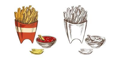 Hand drawn vintage sketch of french fries with ketchup and sauce in paper box, color and monochrome set vector