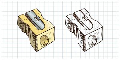 Hand drawn vintage sketch of pencil sharpener in color and monochrome on grid notebook background vector