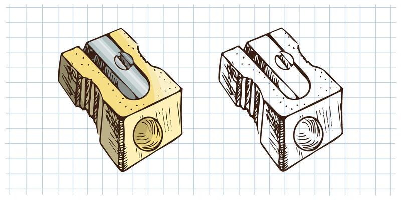 Hand drawn vintage sketch of pencil sharpener in color and monochrome on grid notebook background