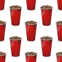 Hand drawn vintage seamless pattern of soda drink in red paper cup with ice vector