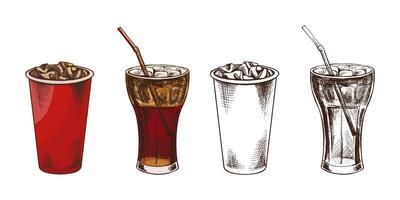 Hand drawn vintage sketch of iced soda and soft drinks in paper and glass cups, color and monochrome set vector