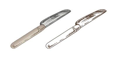 Hand drawn vintage set of butter spreading knives in color and monochrome, isolated illustration for kitchen use vector