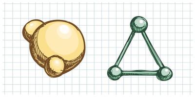 Hand drawn vintage sketch of molecular model and atom structure in color on grid notebook background vector