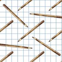 Hand drawn vintage seamless pattern of brown ballpoint pen on grid notebook background, school illustration vector