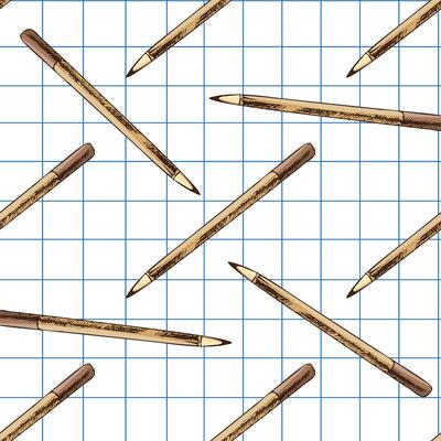 Hand drawn vintage seamless pattern of brown ballpoint pen on grid notebook background, school illustration