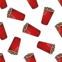 Hand drawn vintage seamless pattern of soda drink in red paper cup with ice, fast food background vector