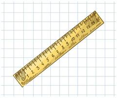 Hand drawn vintage sketch of yellow school ruler in color on grid notebook background, isolated illustration vector