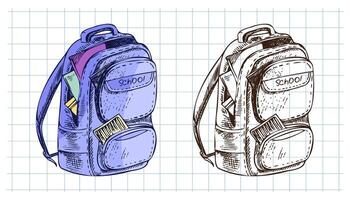 Hand drawn vintage sketch of school backpack in color and monochrome on grid notebook background, set vector