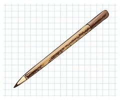 Hand drawn vintage sketch of school ballpoint pen in brown color on grid notebook background, isolated illustration vector