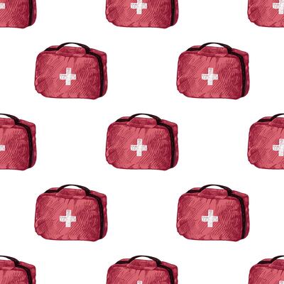 Hand drawn seamless pattern of red medical first aid kit in colored sketch style illustration