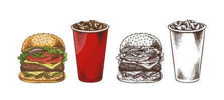 Hand drawn vintage sketch of cheeseburger and cold drink in red paper cup with ice, color and monochrome set vector