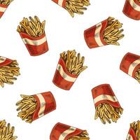 Hand drawn vintage seamless pattern of french fries in red paper box vector