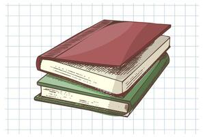 Hand drawn vintage sketch of stacked school books in color on grid notebook background, isolated illustration vector
