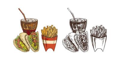 Hand drawn vintage sketch of fast food combo with tacos, fries and soda drink, color and monochrome set vector