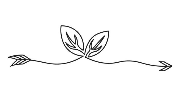 Black and white minimalist line art illustration featuring a pair of arrows intersecting through two overlapping leaves, symbolizing nature, direction, and simplicity. vector