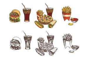 Fast food illustrations with burgers and drinks vector