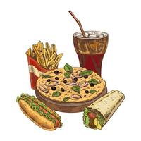 Hand drawn vintage sketch of fast food combo with pizza, french fries, soda drink, hot dog and wrap, isolated vector