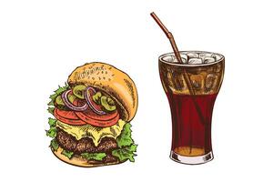 Hand drawn vintage sketch of cheeseburger with vegetables and soda drink in glass with ice, isolated vector