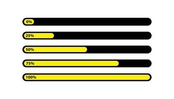 Yellow and black progress bar illustration highlighting percentage completion from 0 to 100. A clear visual representation for activity monitoring and goals achievement tracking. vector