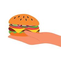 Hand holding burger or cheeseburger, fast food hand drawn illustration vector