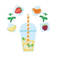 Glass of lemonade with fruits in ice. vector