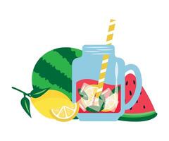 Watermelon lemonade in a glass with a straw, ice and mint. vector