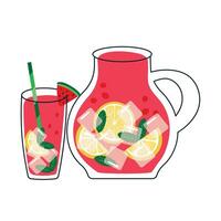 Watermelon lemonade in glass jar with slice lemon, ice ,mint, watermelon. Fresh summer fruit drink vector