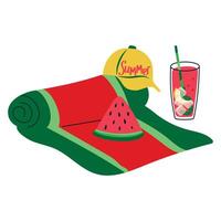 Beach mat or towel with watermelon slice and refreshing drink. vector
