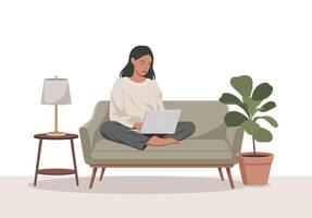 Woman Working on Laptop Relaxed on Sage Green Sofa with Plant and Table Lamp computer vector