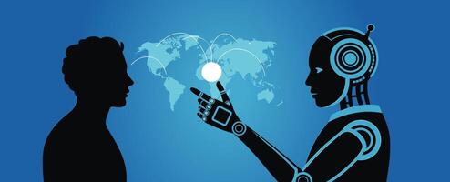 Silhouette Man Robot Global Connection Blue Background Illustration A I Technology vector