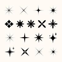 Minimalist Black Star Icons and Sparkle Symbols Pack in Retro Style. set of black star icons featuring sparkle, twinkle, and burst shapes in various symmetrical and abstract styles vector