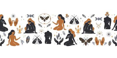 Mystical Bohemian Pattern Border with Female Silhouettes Crystals, Hands, and Moon Phases.Ethnic pattern with female silhouettes, hands, moths, crystals, and botanical elements. illustration vector