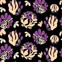 Seamless floral pattern with abstract purple and beige flowers and organic shapes on black background in modern decorative style,textile prints, fabric design, wrapping paper, wallpaper. vector