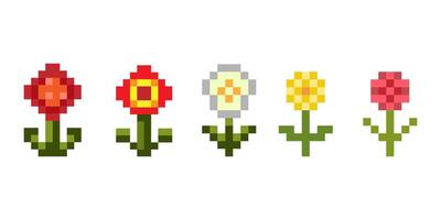 Pixel Art Flowers Set in Retro 8 Bit Style. Set of colorful pixelated flowers in retro style featuring red, yellow, white, and pink blooms with green stems on a white background. illustration vector