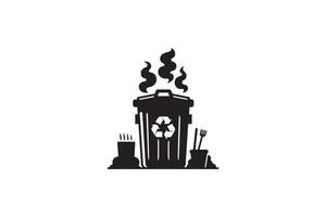 A black and white illustration of a trash can with a fire vector