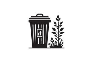 A black and white illustration of a trash can and plant vector