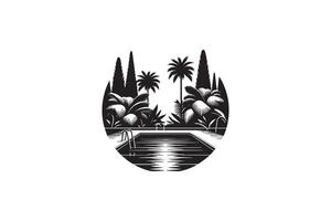 A black and white logo for a pool and palm trees vector